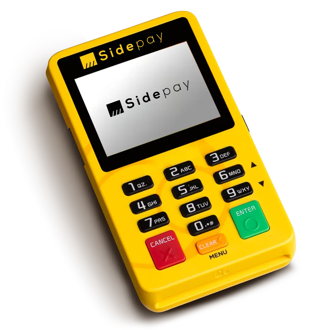 SidePay MINI da SidePay enviando comprovante por SMS, oferecendo taxas baixas e garantia vitalícia